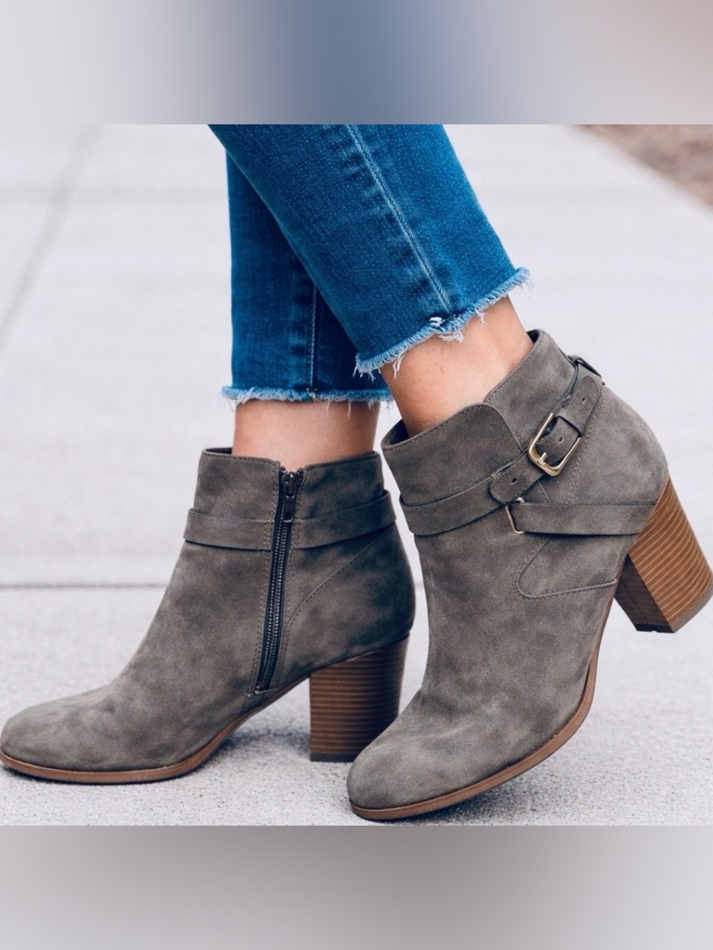 Expression Gray Suede Ankle Booties Women’s 9.5 Block Heel Buckle Zip Boots